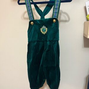 Vintage 1980s Green Velvet Suspender Romper “ Knickeralls” Crest embroidered
